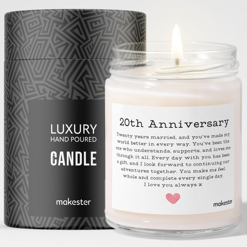 20th Anniversary Candle Gifts - Luxury Soy Wax - Vanilla, Jasmine, Sugared Almond - Makester